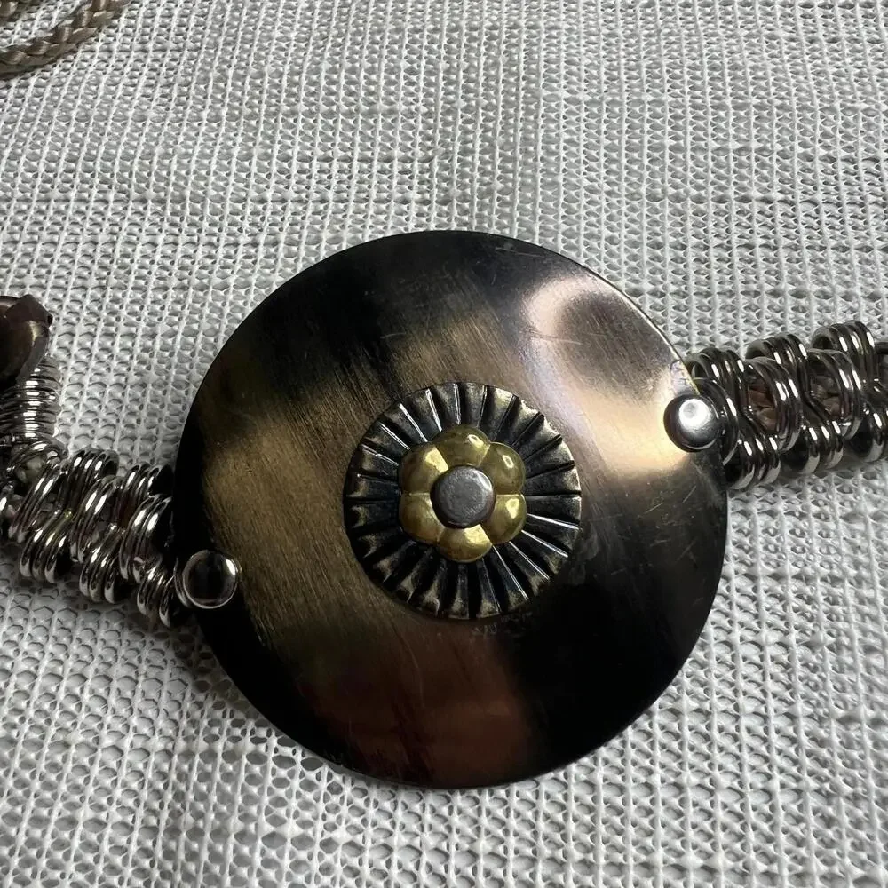 80s Vintage Boho Rope & Metal Decorative Belt‎ Faux Horn Medallion